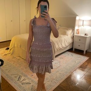 Mini smocked silk floral dress with tie straps